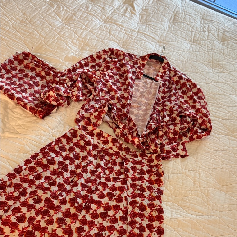 Red and White Floral Set - split pants, wrap top and scarf